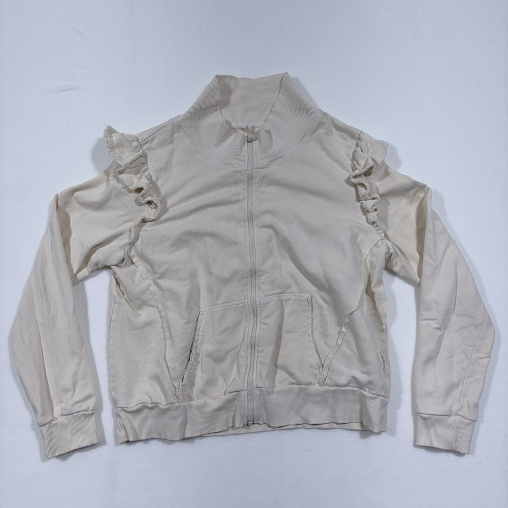 Daily Practice Anthropologie Cream Ruffle Zip Up Sweatshirt Sz L Funnel Neck